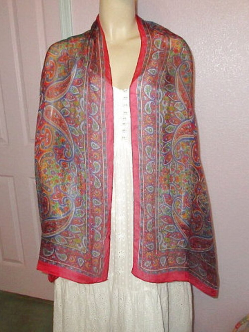 Vtg Silk Scarf Neck Wrap Shawl Paisley Floral Old Money Regency Exotic Boho 80s